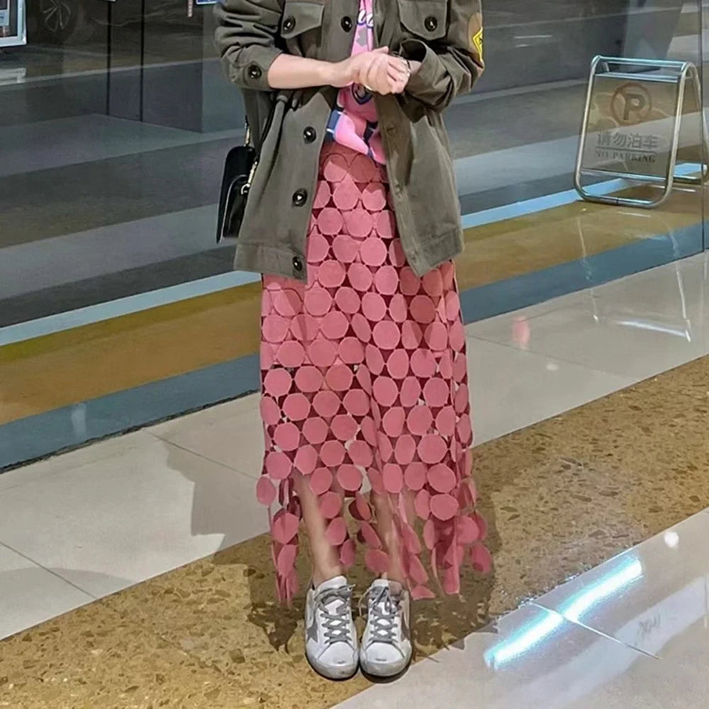 Cut Out Skirt For Women High Waist Patchwork Tassel Irregular Hem Solid Midi Skirts Female Summer Clothing Style pink