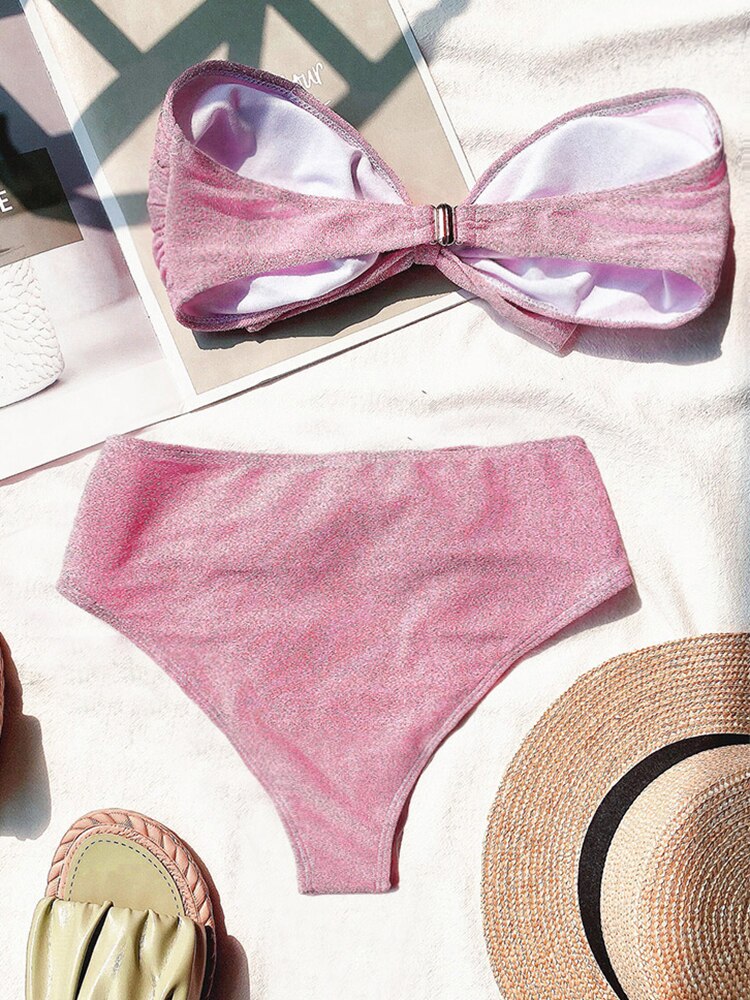 Cute Bikini Set Glitter Sequin Two-Piece Bathing Suit Sexy Strapless High Waist Swimsuit Pink