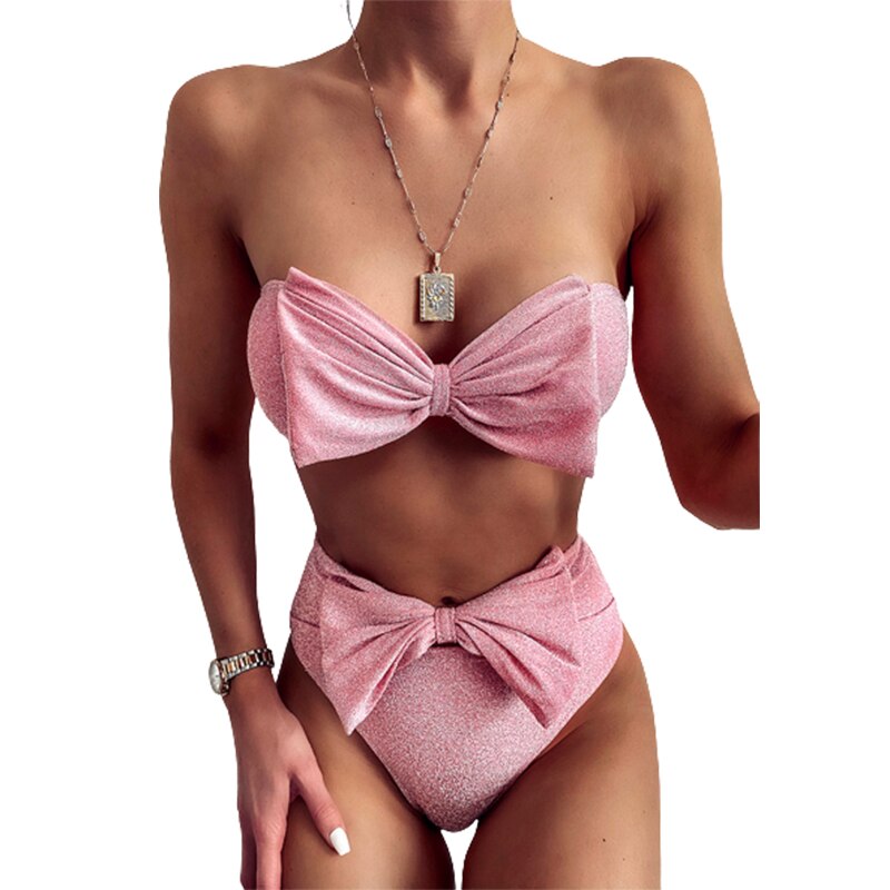 Cute Bikini Set Glitter Sequin Two-Piece Bathing Suit Sexy Strapless High Waist Swimsuit Pink L