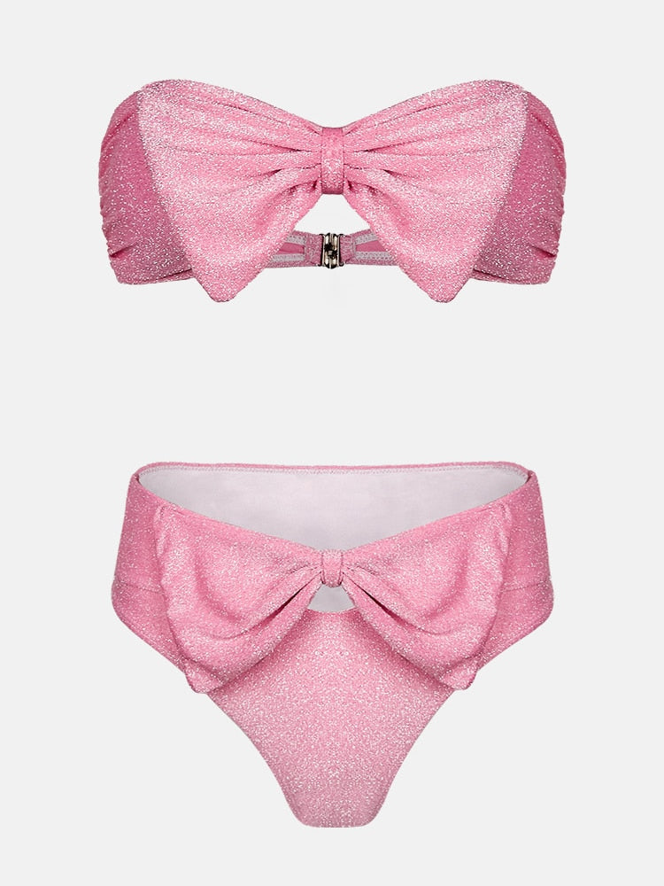 Cute Bikini Set Glitter Sequin Two-Piece Bathing Suit Sexy Strapless High Waist Swimsuit Pink