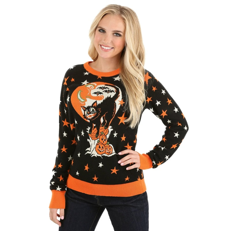 Cute Knit Crewneck Cosy Vintage Star Bats Pumpkin Black Cat Pattern Women and Mens Ugly Halloween Sweater