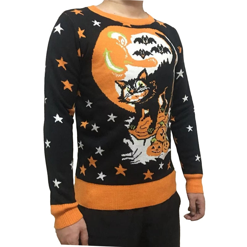 Cute Knit Crewneck Cosy Vintage Star Bats Pumpkin Black Cat Pattern Women and Mens Ugly Halloween Sweater