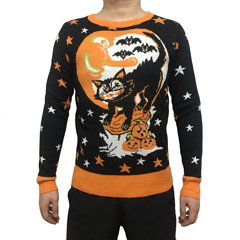 Cute Knit Crewneck Cosy Vintage Star Bats Pumpkin Black Cat Pattern Women and Mens Ugly Halloween Sweater Black China|Pack of 1