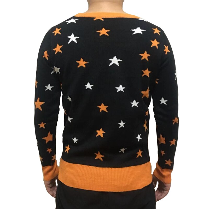 Cute Knit Crewneck Cosy Vintage Star Bats Pumpkin Black Cat Pattern Women and Mens Ugly Halloween Sweater