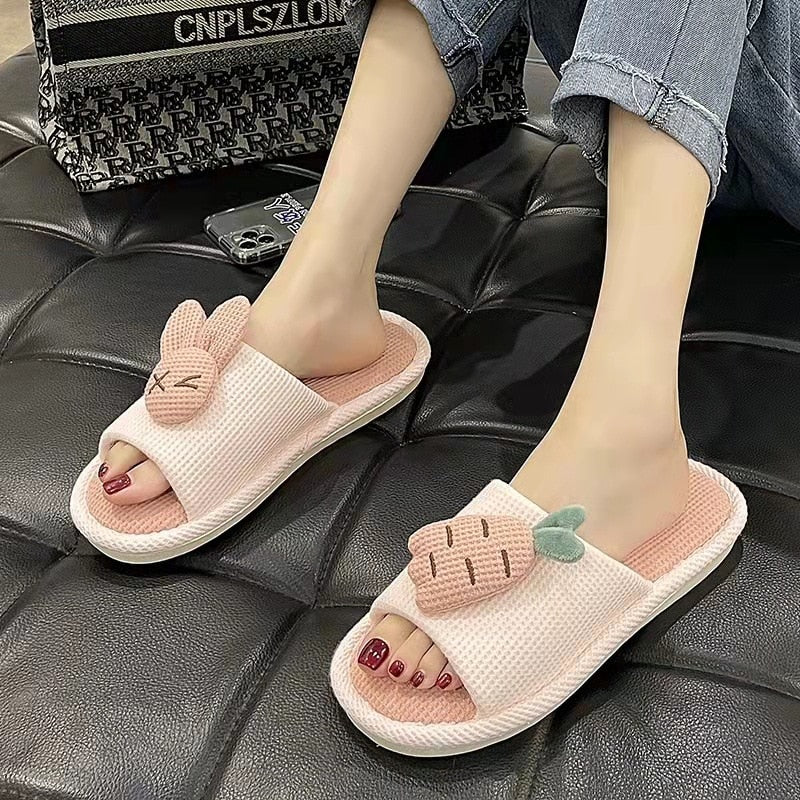 Cute Strawberry Plush Slippers Autumn House Slides Female Flip Flops Women Slippers Winter Home Warm Furry Linen Slippers Women Rabbit-Pink