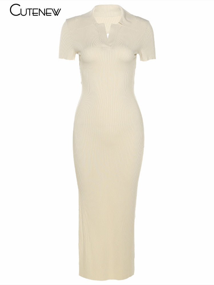 Cutenew Elegant Knitted Short Sleeve Bodycon Maxi Dress Women Summer Sexy Backless Bandage Streetwear Solid Stretch Lady Dresses