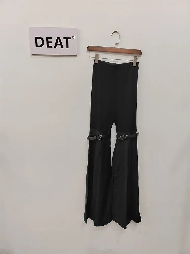 DEAT Fashion Women's Jeans High Waist Straight Patchwork PU Leather Buckle Streetwear Denim Pants Spring 2023 New Trend 17A2013H Black not denim