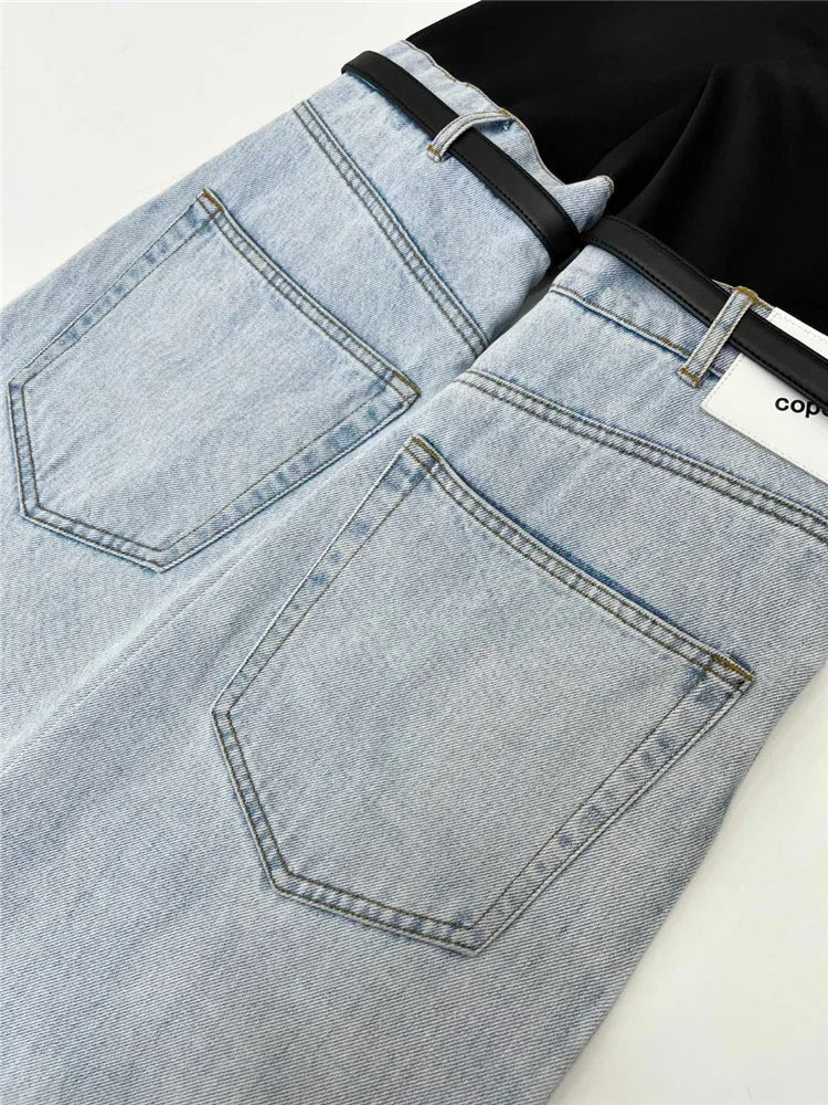 DEAT Fashion Women's Jeans High Waist Straight Patchwork PU Leather Buckle Streetwear Denim Pants Spring 2023 New Trend 17A2013H