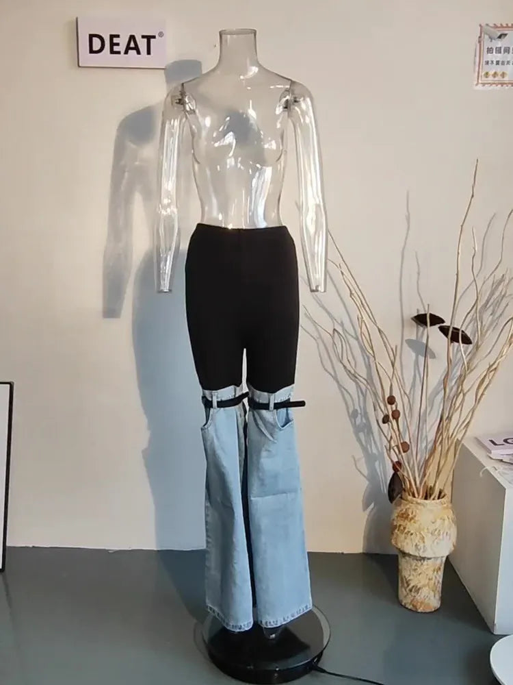 DEAT Fashion Women's Jeans High Waist Straight Patchwork PU Leather Buckle Streetwear Denim Pants Spring 2023 New Trend 17A2013H Full Length