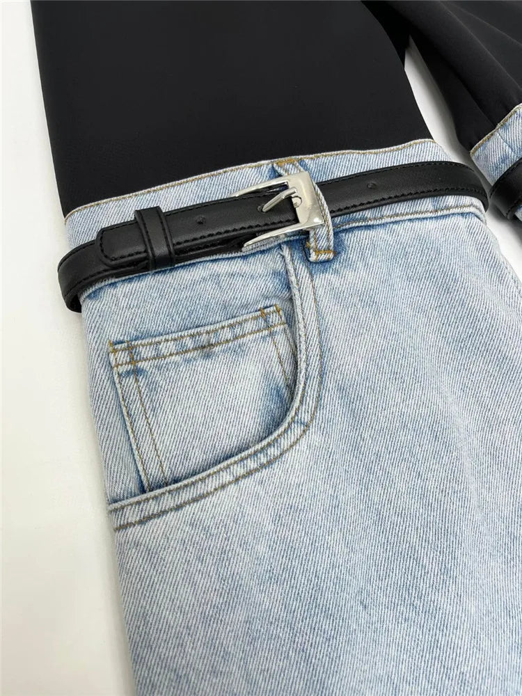 DEAT Fashion Women's Jeans High Waist Straight Patchwork PU Leather Buckle Streetwear Denim Pants Spring 2023 New Trend 17A2013H