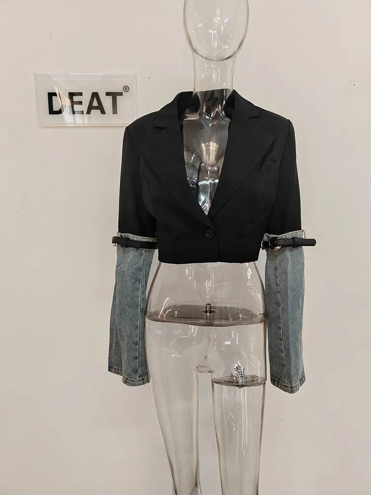 DEAT Fashion Women's Jeans High Waist Straight Patchwork PU Leather Buckle Streetwear Denim Pants Spring 2023 New Trend 17A2013H coat