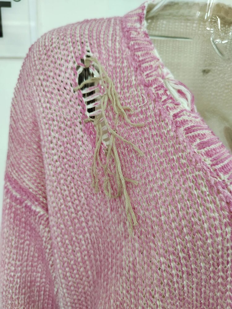 DEAT Fashion Women's Knitted Cardigan V-neck Distressed Hole Single Breasted Pockets Loose Sweater Winter 2024 New Tide 7AB1209