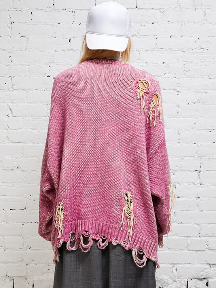 DEAT Fashion Women's Knitted Cardigan V-neck Distressed Hole Single Breasted Pockets Loose Sweater Winter 2024 New Tide 7AB1209