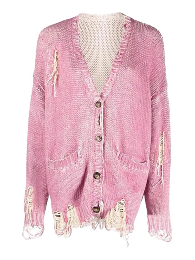 DEAT Fashion Women's Knitted Cardigan V-neck Distressed Hole Single Breasted Pockets Loose Sweater Winter 2024 New Tide 7AB1209