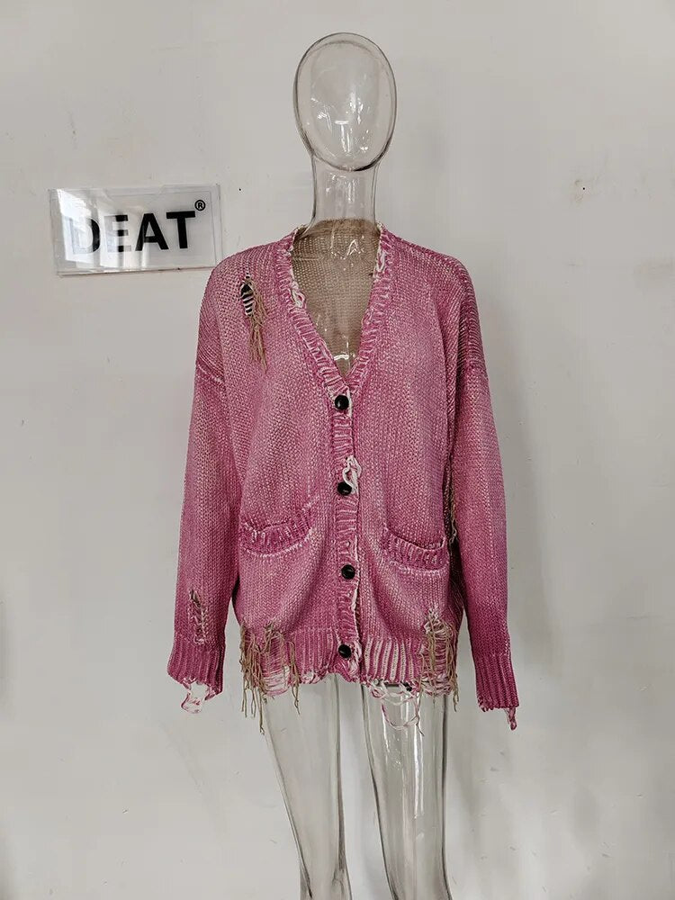 DEAT Fashion Women's Knitted Cardigan V-neck Distressed Hole Single Breasted Pockets Loose Sweater Winter 2024 New Tide 7AB1209 Pink