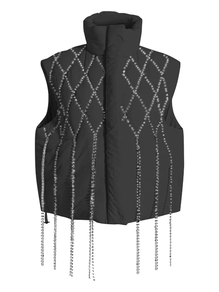 DEAT Fashion Women's Waistcoat Loose Stand Collar Single Breasted Sleeveless Plaid Diamonds Tassel Vest Winter 2023 New 1DF2572