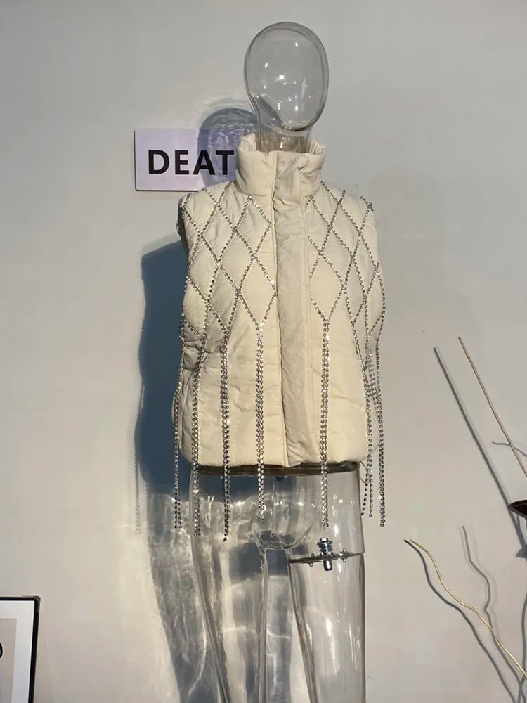 DEAT Fashion Women's Waistcoat Loose Stand Collar Single Breasted Sleeveless Plaid Diamonds Tassel Vest Winter 2023 New 1DF2572 Apricot