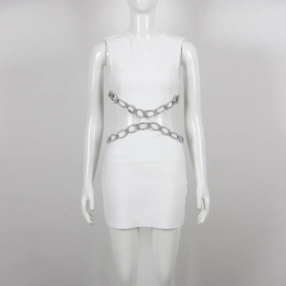 DEIVE TEGER 2023 New Summer Women'S Sexy Backless Cut-Out Diamond Luxury Black Tight Mini Dress Elegant Evening Club Party Dress WHITE