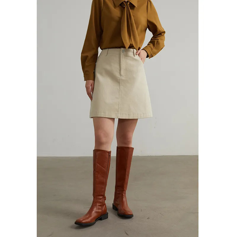 DUSHU Corduroy Retro High Waist Skirt Women Autumn Winter Back Slit Commuter Casual Solid Color Length-option Female Skirts Cream-colored Short