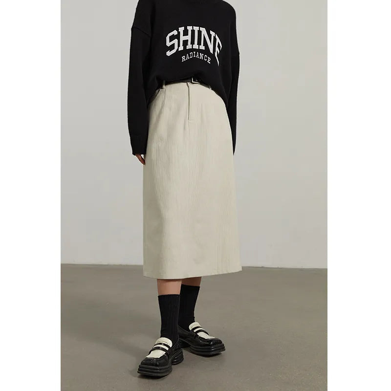 DUSHU Corduroy Retro High Waist Skirt Women Autumn Winter Back Slit Commuter Casual Solid Color Length-option Female Skirts White Long