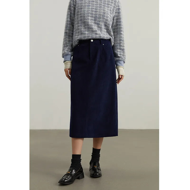 DUSHU Corduroy Retro High Waist Skirt Women Autumn Winter Back Slit Commuter Casual Solid Color Length-option Female Skirts Navy Blue Long