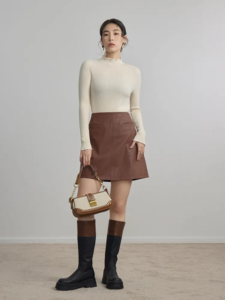 DUSHU High Waist Women A-LINE Pu Mini Skirts 2024 Autumn Brown Commuter Above-Knee Length Skirt Zipper Waist Female Skirt Chocolate