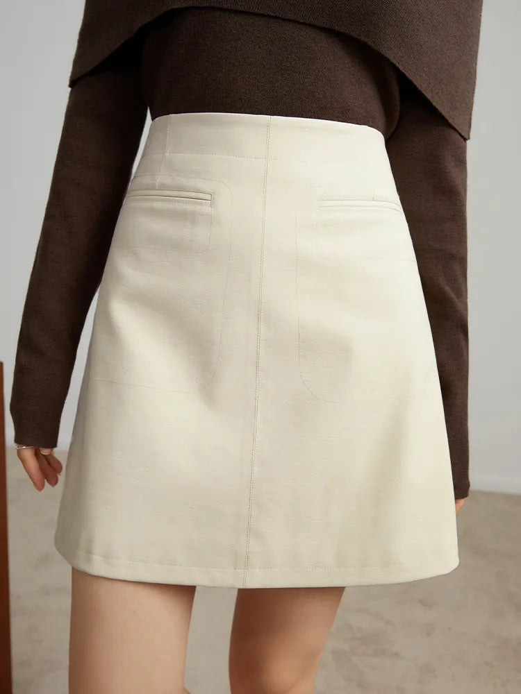 DUSHU High Waist Women A-LINE Pu Mini Skirts 2024 Autumn Brown Commuter Above-Knee Length Skirt Zipper Waist Female Skirt