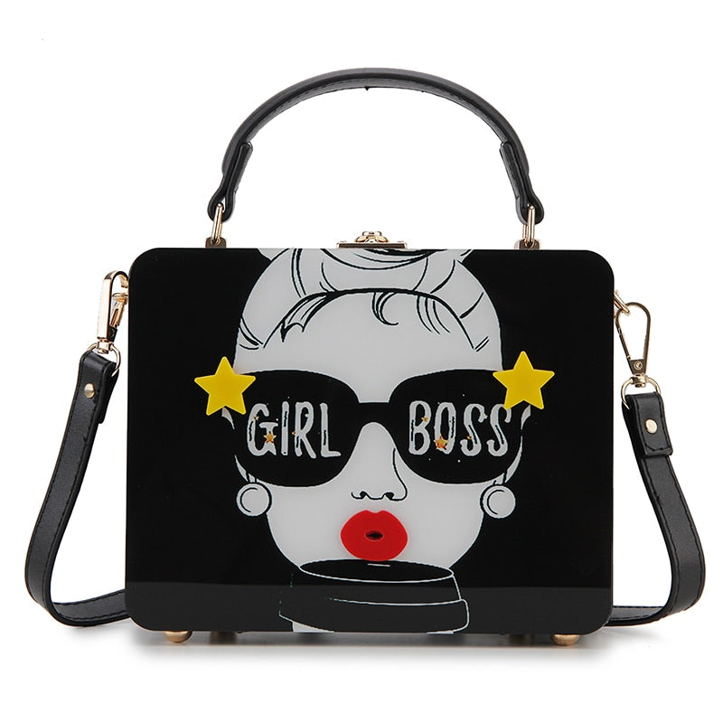 Dazzling Sunglasses Women Purses and Handbag Designer Cartoon Acrylic Style Shoulder Bag Female Crossbody Bag Party Clutch Totes black B 19x7.5x15 CM