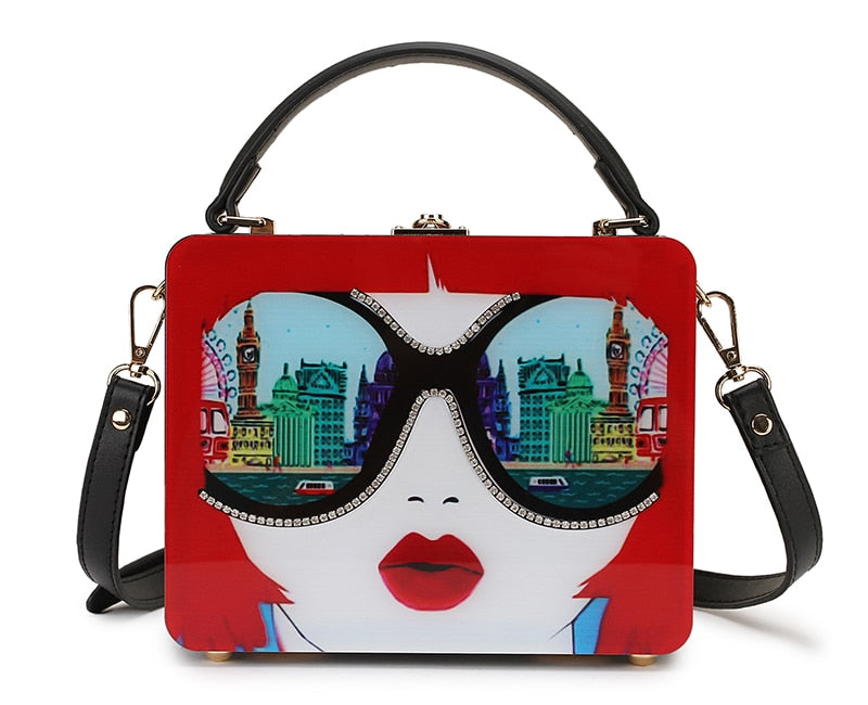 Dazzling Sunglasses Women Purses and Handbag Designer Cartoon Acrylic Style Shoulder Bag Female Crossbody Bag Party Clutch Totes Red 19x7.5x15 CM