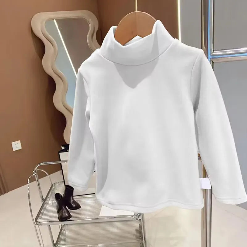 De Rong Half High Collar Children's T-shirt Girls' Autumn Clothing Versatile Bottom Top WHITE