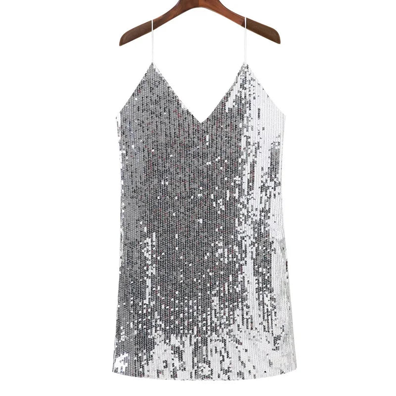 Deep V Neck Autumn Silver Sequined Backless Sexy Dress Women Off Shoulder Mini Christmas Party Club Vestidos