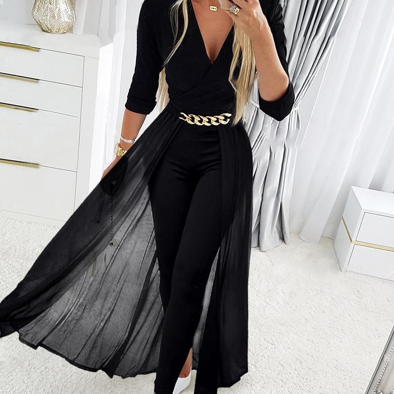Deep V Neck Mesh Long Sleeve Jumpsuit One Piece Overall Women Black Elegant Rhinestone Chain Glitter Party Night Sexy Bodysuits