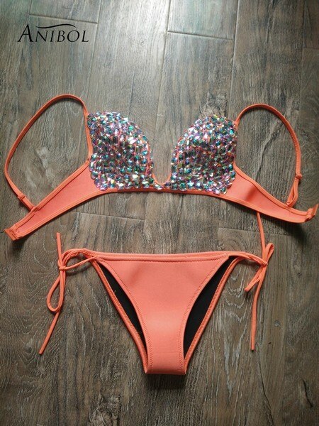 Deep-V Sexy Halter Bikini Manual Sewing Luxury Crystal Diamond Women's Swimsuit Straps Bandage Rhinestone Swimwear Orange
