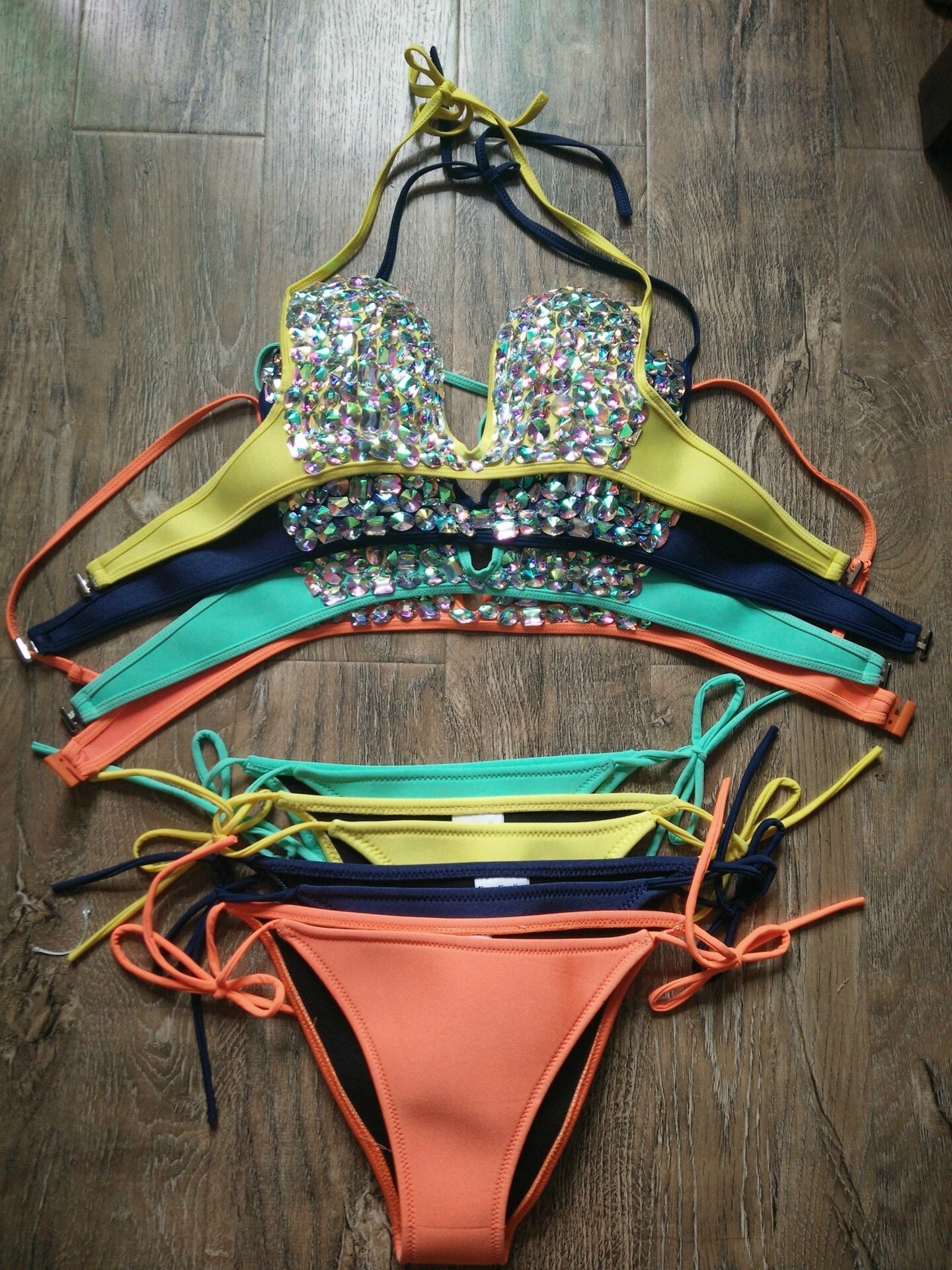 Deep-V Sexy Halter Bikini Manual Sewing Luxury Crystal Diamond Women's Swimsuit Straps Bandage Rhinestone Swimwear