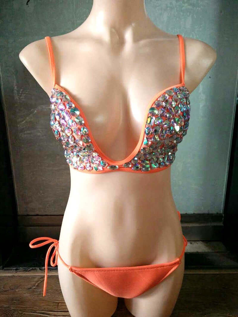 Deep-V Sexy Halter Bikini Manual Sewing Luxury Crystal Diamond Women's Swimsuit Straps Bandage Rhinestone Swimwear