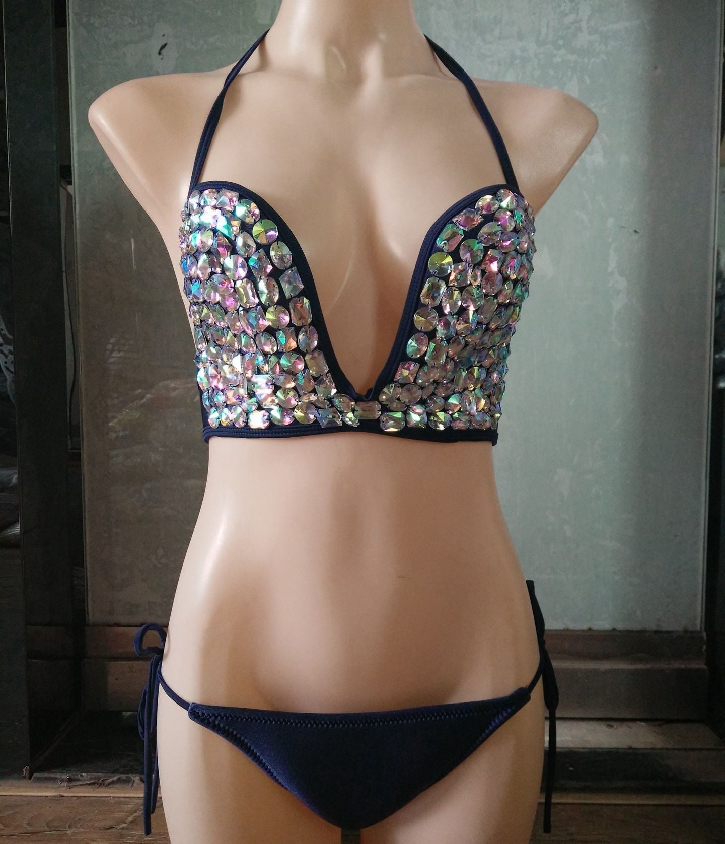 Deep-V Sexy Halter Bikini Manual Sewing Luxury Crystal Diamond Women's Swimsuit Straps Bandage Rhinestone Swimwear