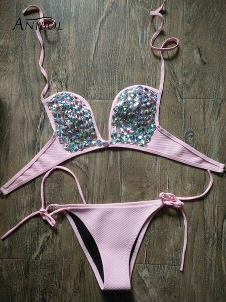 Deep-V Sexy Halter Bikini Manual Sewing Luxury Crystal Diamond Women's Swimsuit Straps Bandage Rhinestone Swimwear Pink