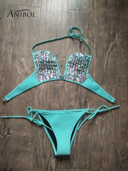 Deep-V Sexy Halter Bikini Manual Sewing Luxury Crystal Diamond Women's Swimsuit Straps Bandage Rhinestone Swimwear Green