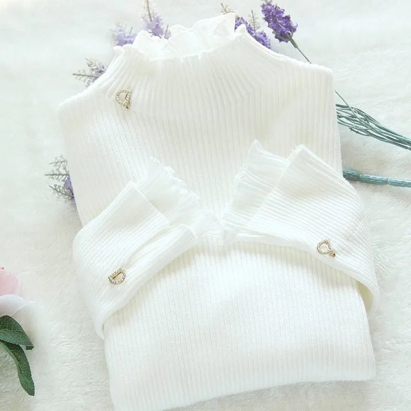 Deeptown Korean Style Turtleneck Women Elegant Pink Sweater Slim Basic Pullover Jumper Warm Purple Pullover Female Top Winter White