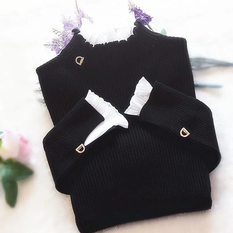 Deeptown Korean Style Turtleneck Women Elegant Pink Sweater Slim Basic Pullover Jumper Warm Purple Pullover Female Top Winter Black