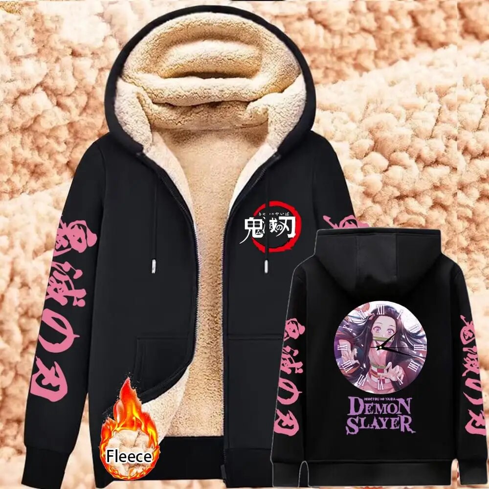 Demon Slayer Lambswool Hoodies Anime Kamado Nezuko Print Warm Hoodie Women Winter Thicken Warm Sweatshirts Casual Coats Y2K Tops
