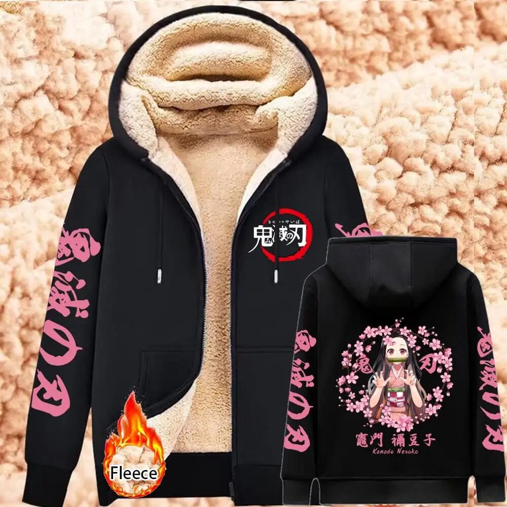 Demon Slayer Lambswool Hoodies Anime Kamado Nezuko Print Warm Hoodie Women Winter Thicken Warm Sweatshirts Casual Coats Y2K Tops
