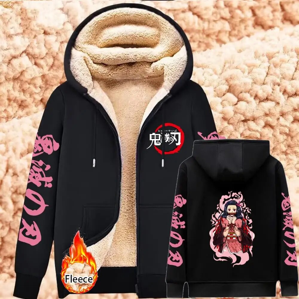 Demon Slayer Lambswool Hoodies Anime Kamado Nezuko Print Warm Hoodie Women Winter Thicken Warm Sweatshirts Casual Coats Y2K Tops