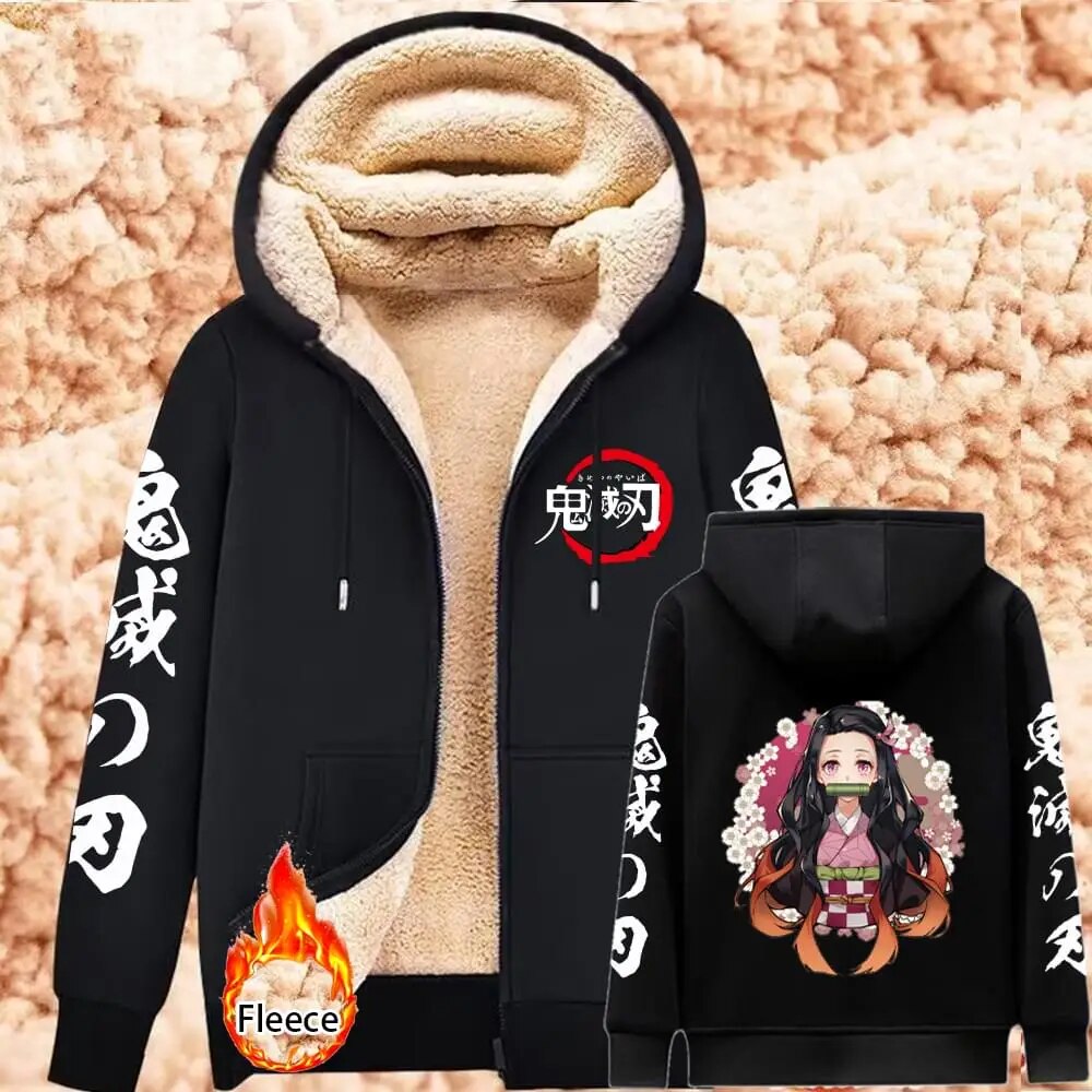 Demon Slayer Lambswool Hoodies Anime Kamado Nezuko Print Warm Hoodie Women Winter Thicken Warm Sweatshirts Casual Coats Y2K Tops Black3