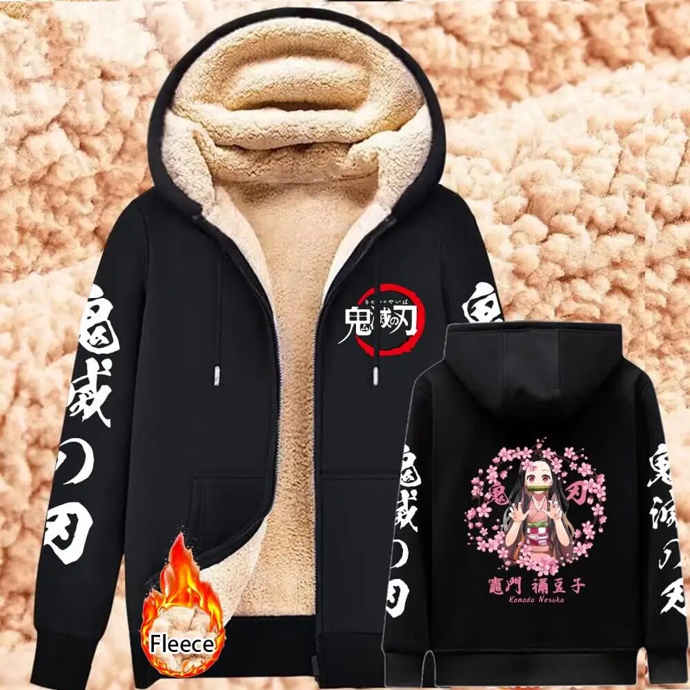 Demon Slayer Lambswool Hoodies Anime Kamado Nezuko Print Warm Hoodie Women Winter Thicken Warm Sweatshirts Casual Coats Y2K Tops Black4