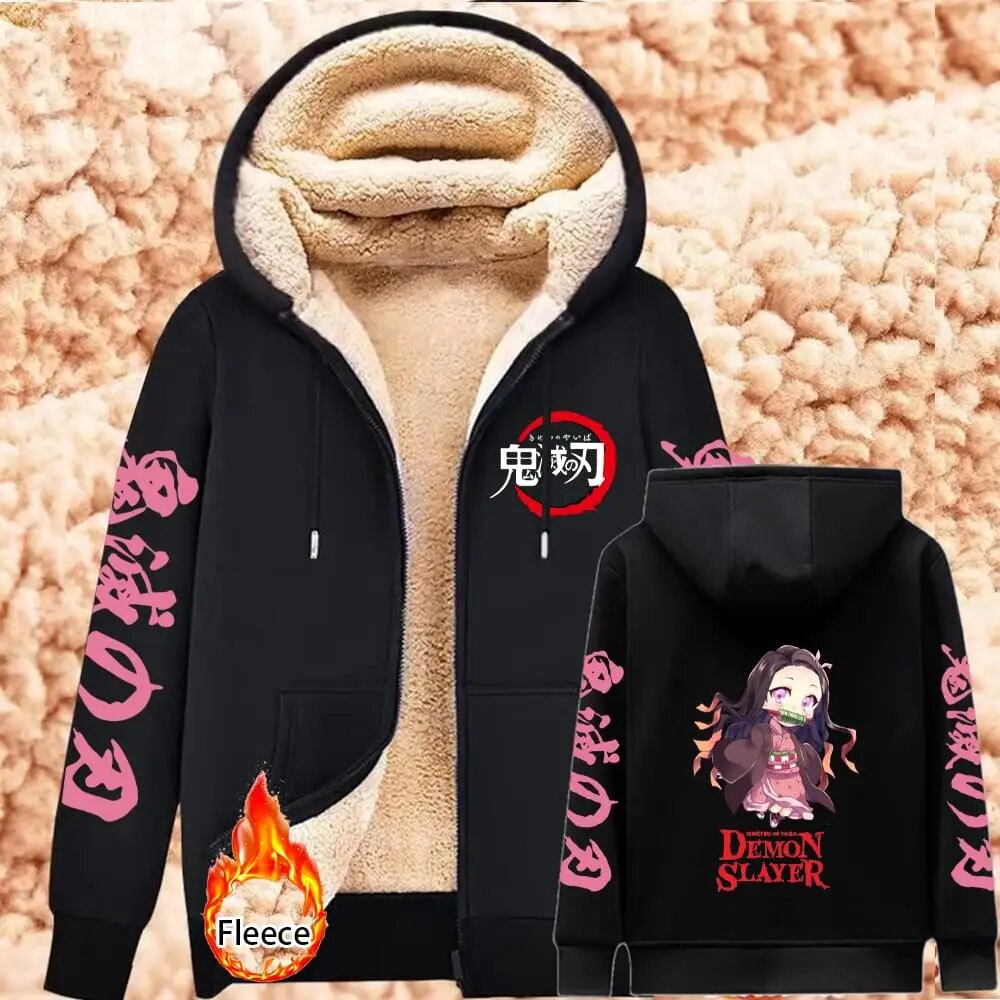 Demon Slayer Lambswool Hoodies Anime Kamado Nezuko Print Warm Hoodie Women Winter Thicken Warm Sweatshirts Casual Coats Y2K Tops