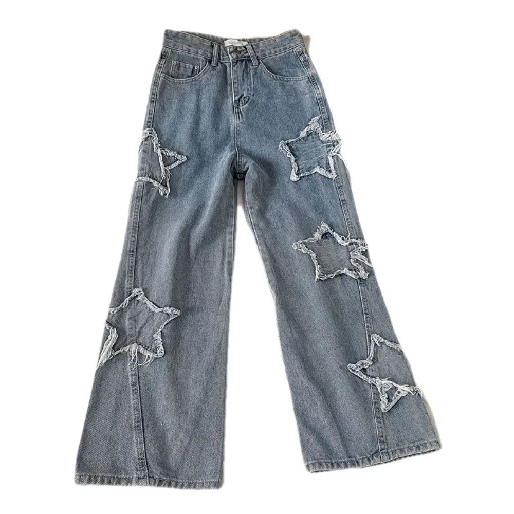 Denim Popular Ins Fashion Korean WIth Star Spring Autumn High Waist Straight Leg Loose Fitting Jeans