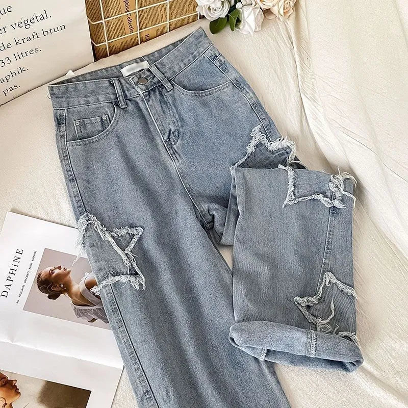 Denim Popular Ins Fashion Korean WIth Star Spring Autumn High Waist Straight Leg Loose Fitting Jeans Blue