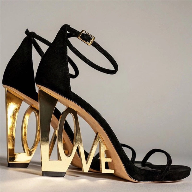 Design Letter-Love Heel Gladiator Sandals Women Sexy One-strap Strange High Heels Fretwork Heel Summer Party Shoes Black Suede