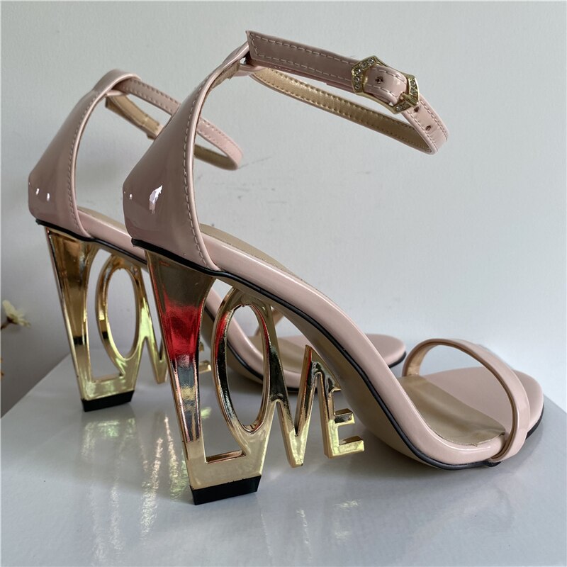 Design Letter-Love Heel Gladiator Sandals Women Sexy One-strap Strange High Heels Fretwork Heel Summer Party Shoes Pink Patent Leather